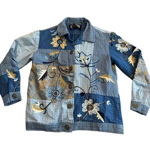 Indigo Moon Floral Patchwork Jacket Womens Size Blue‎ XS Embroidered Button Up